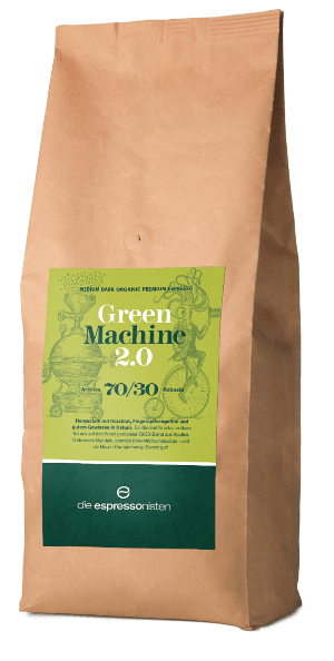 Braune Kaffeeverpackung „Green Machine 2.0“ mit grünem Etikett, Marke die espressonisten, 70/30 Mischung