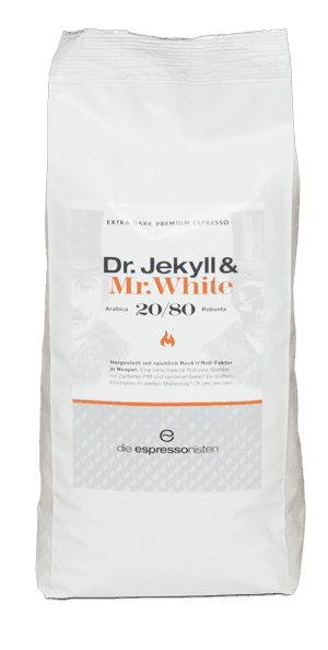 Weiße Kaffeetüte „Dr. Jekyll & Mr. White“ 20/80 Espressomischung, Etikett mit Marke die espressonisten