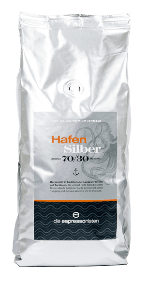 Silberne 1‑kg Kaffeetüte ‚Hafen Silber‘ 70/30 Arabica/Robusta mit Label der espressonisten