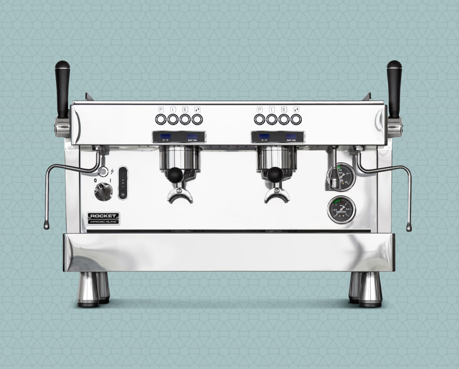 Kommerzielle Rocket Milano Espressomaschine R9, doppelte Siebträger, Dampflanzen und Manometer in glänzendem Edelstahl